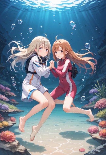 score_9, score_8_up, score_7_up, masterpiece, best quality, very aesthetic, absurdres, 
<lora:Amano_Kozue_å¤©éããã_Style_Pony-000010:1> (amano_kozue:1.2), amanchu!, 
underwater, bubble, floating in water, dappled sunlight, 
2girls, yuri, holding hands, long hair, clear eyes, gentle smile, skinny, body_slim, looking at viewer, 
diving, diving mask, diving suit, barefoot,