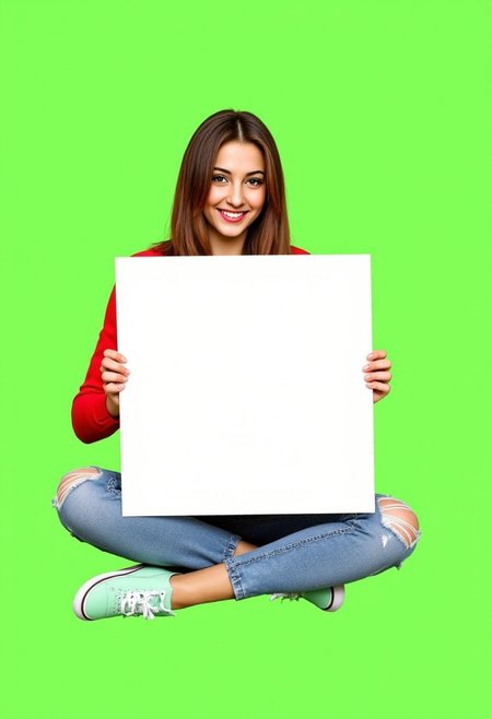 A photograph of a young Caucasian woman with long, straight, light brown hair and fair skin, sitting cross-legged on a green background. She is smiling, wearing a bright red long-sleeved top and light blue, slightly distressed jeans with a knee patch. Her mint green sneakers have white laces and soles. She holds a large, blank, white blank placard on her lap, facing the camera. The overall image is bright and cheerful, with a minimalist, clean aesthetic.
Cute_Holders, ( aidmafluxpro1.1 )
