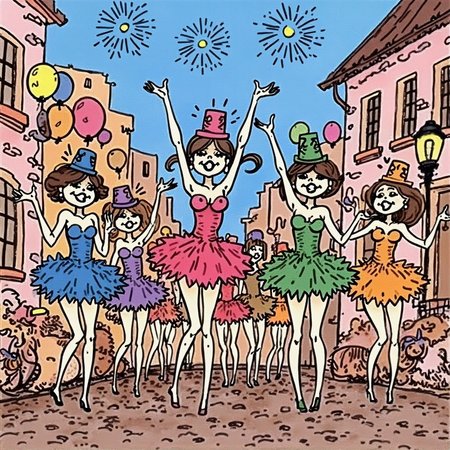 jseanpcignar drawing style, drawn in well-defined sharp lines whimsical scene representing a carnival procession on the streets of the city, where young women in unusual outfits and masks dance high lifting their fluffy dresses, many multi-colored street lights and balloons with fireworks, 4K, high detailed drawing, ultra high resolution, masterpiece, <lora:jseanpcignar-cod-4-best:1.0>