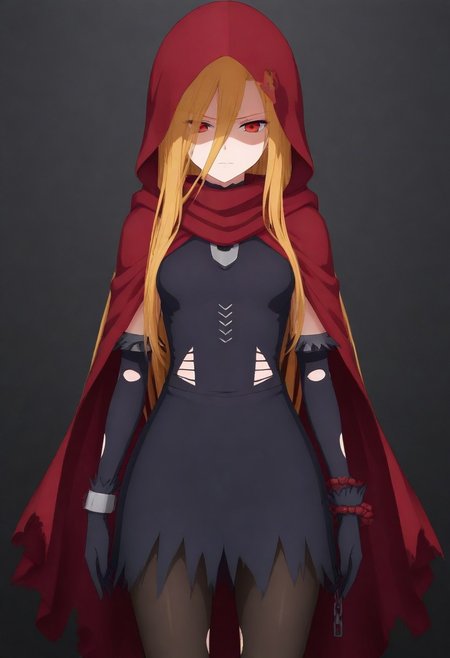 masterpiece, best quality, amazing quality,,, shiny skin,,,,,, <lora:Evileye:1> N4rb3r4lG4mm4, red eyes, blonde hair, very long hair, hair between eyes, torn clothes, hood, pantyhose, black dress, gloves, chain, hooded cloak, shackles,