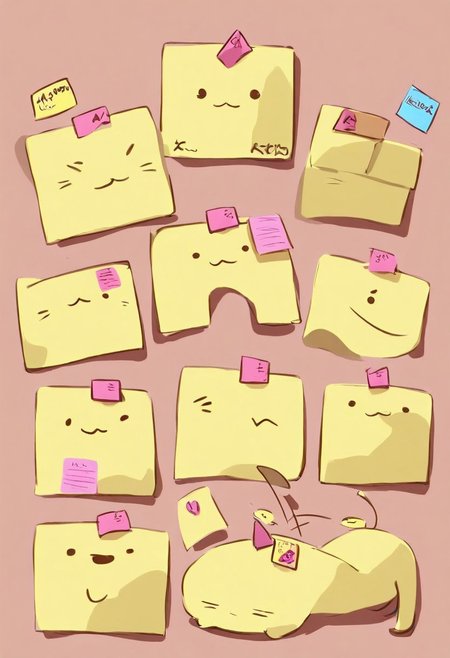 SK3, simple sketch, sharp shadows, a cute cat covered with sticky notes, Jed-StickyN, cute, kawaii
