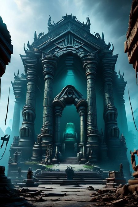 A sinister and exotic digital painting, (HDR, Unreal Engine:1.4),The Lost Shrine of the Ape God, a central jeweled stone idol, evil hideous idol, ancient and crumbling pillars, very dark, eldritch braziers, ancient stone steps, (grotesque carvings:1.3), high dome, shaft of sunlight, old and dreadful, bones, age haunted, (terrifying:1.2), magnificent, decadent, degenerate, (perfect composition, maximalist and detailed:1.2), (masterpiece:1.4), (high quality:1.3), subsurface scattering, volumetric lighting, heavy shadows, Temple, evilrealm