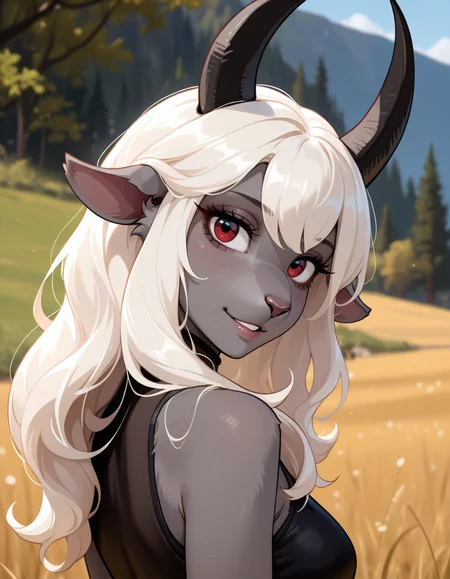 masterpiece, best quality, very aesthetic, absurdres,
outdoors, 
headshot, from behind, looking at viewer, 
seductive smile, parted lips, long eyelashes,
 <lora:ElizaBeth_v01_NAIXL:1> ElizaBeth,1girl,solo,furry,furry female,goat girl,goat ears,horns,white hair,long hair,red eyes,animal nose,grey skin,