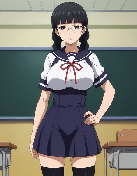 score_9, score_8_up, score_7_up, score_6_up, score_5_up, score_4_up, <lora:NaoK_T1V0:0.85>, <lora:sdxl_lightning_8step_lora:1>,
source_anime, anime screencap, 1girl, solo,
NaoK_T1V0, black hair, long hair, low twin braids, blunt bangs, black eyes, grey eyes, large breasts,
glasses, rimless eyewear,
school uniform, serafuku, white shirt, short sleeves, blue sailor collar, red neck ribbon,
blue skirt, high-waist skirt, suspender skirt, suspenders, black thighhighs, 
standing, hand on hip, arm at side, 
looking at viewer, expressionless, closed mouth, 
indoors, classroom, cowboy shot,
