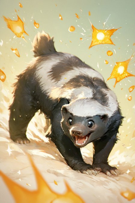 score_9, score_8_up, score_7_up, score_6_up, score_5_up, score_4_up, <lora:HoneyBandgerPDXL:1> honeybadger, white fur, black fur, happy, kawaii, big round eyes,  <lora:Expressive_H:0.7> Expressiveh, sparks