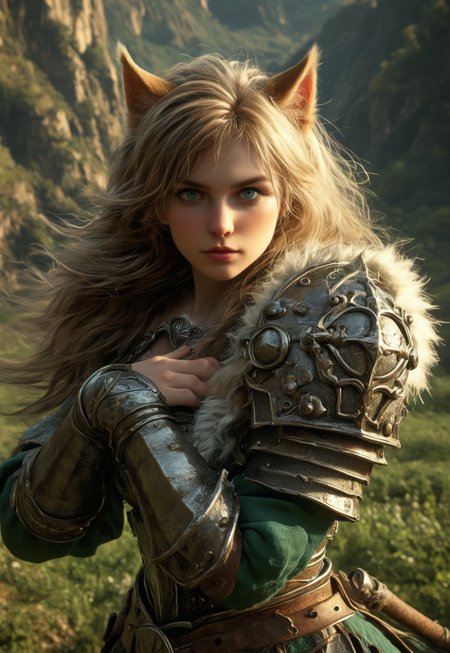 a woman warrior, clad in medieval armor, standing proudly amidst the lush green plains of a valley, under a brilliant blue sky with fluffy white cloud. ((big battleaxe in hands))
 (8k uhd:1,4)
(((full clothed)))
(((((upper body))))), dynamic pose
 <lora:Dynamic Poses:1>
 <lora:detailed_notrigger:1>
(((full clothed)))
