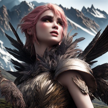 fking_scifi_v2, award winning portrait of a werecreature, close up, 80mm, f/1.8,
(woman wearing feathered LnF dress:1.2),  
mountain background , <lora:LnF21:1>