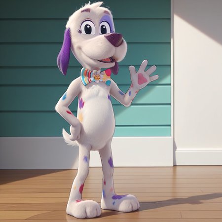 score_9, score_8_up, score_8, score_7, source_cartoon, Cheddar(GDG), Solo, 1girl, anthro, furry female, dog, dog girl, white fur, spotted fur, colored spots, purple ears, black eyes, dog tail, colorful bowtie, looking at viewer, waving at viewer, full body, smiling, standing, living room background