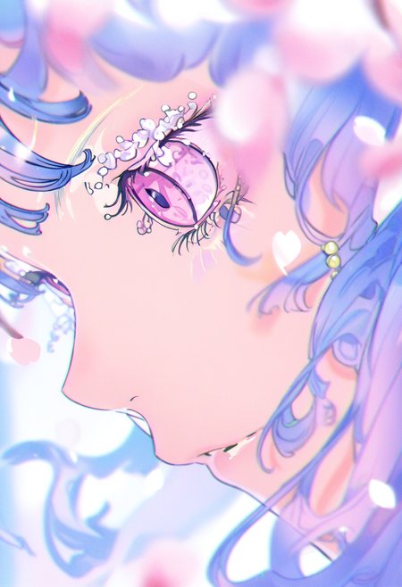 1girl, solo, eyelashes, portrait, pink eyes, petals, long hair, blurry, close-up, earrings <lora:yoneyamaiXL_NBVP1_lokr_V6311PZ:0.95>