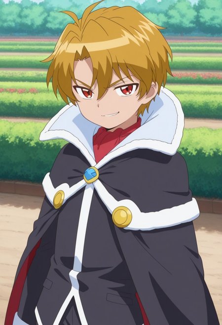 masterpiece,best quality,amazing quality, source_anime, 
Buraito, 1boy, male focus, solo, red eyes, blonde hair, shirt, red shirt, jacket, black jacket, cape, black cape, smirk,
outdoor, garden,