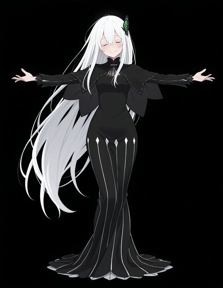 <lora:Echidna_1:1>ech1dna, colored eyelashes, hair between eyes, white hair,
echidn4dress, black dress, vertical-striped dress, capelet, long sleeves, butterfly hair ornament, 
full body, closed smile, outstretched arms, 
simple background, black background,, masterpiece, best quality, amazing quality