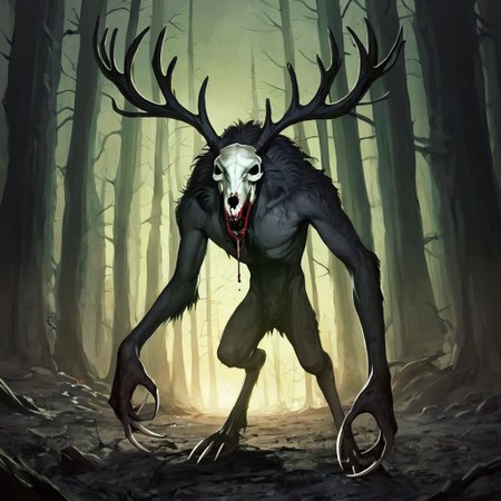 score_7_up, score_8_up, score_9_up, cinematic film still of <lora:Low-key lighting Style:1> dim light, low light, dramatic light, partially covered in shadow, Deep shadows, realistic, gaunt, long limbs, wendigo, highly detailed, monster, skull head, large antlers, claws, dark fur, glowing eyes, torn skin, exposed bones, gaping maw, sharp teeth, drooling, bloody, 
dynamic lighting, (outside, woods), nighttime, film grain, black and white photo