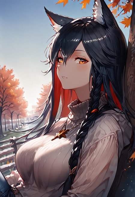 1girl, texas (arknights), female, young, wolf girl, wolf tail, wolf ears, animal ear fluff, amber eyes, multicolored hair, black hair, red inner hair,  slender body, (medium breasts:1.3, round breasts, perfectly shaped breasts), sweater, denim pants, (petite body:1.4), happy, looking at viewer, park, laying against a tree, taut clothing, (headshot:1.3), extremely tight shirt, inviting expression, side view, jeweled necklace, dutch angle, dark eyeliner, autumn colors, cornrow braids, head turned, head back, score_9, score_8_up, score_7_up, (masterpiece, best quality, very aesthetic, ultra detailed), intricate details, beautiful face, detailed eyes, detailed background, granblue_fantasy_style_xl, expressiveh, light from above