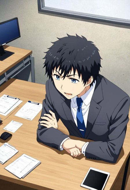 high resolution, solo, best quality, 1Boy, Arata Kaizaki, Black Hair, Blue Eyes, suit, worklife, workspace, OverallDetail