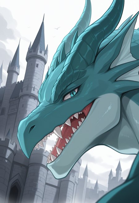 masterpiece,best quality,amazing quality, 1boy, solo,, t1m43us, dragon, looking at viewer, close up, side angle, big tooth, castle,