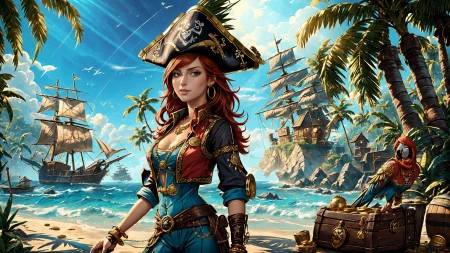 (young redhead pirate woman), (portrait), (parrot:1.2), sharp focus, (ultradetailed), (standing), (happy) smile, pirate (ship galleon:1.2,  hoop earrings, gold medallion, Royal Bluepirate clothes, pirate hat, hips,   pirate (village), leafy beach coast, (treasure chest with coins, gems and jewels:1.2), (rum barrel), best quality masterpiece,  bright sunny sky, backlight, natural lights, high contrast, hdr, shadows, pretty, beautiful, feminine, sexy, adorable, lovely, in love, (PirateDiffusionprt:0.5),  <lora:Pirate:0.3>  PrateT  <lora:PirateRealms:0.3> <lora:Detail Tweaker LoRA add_detail:0.8> <lora:depth_of_field_slider_v1:5> <lora:SDXLrender_v2.0:0.9>