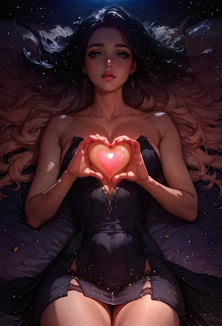 score_9, score_8_up, score_8,  1girl, holding glowing heart, black galaxy dress, stylish, fashionable, magazine cover style illustration, helvetica bold  <lora:pony/twilight_style:0.8> concept art, realistic <lora:pony/expressiveh:0.8> expressiveh <lora:sdxl/princess_xl_v2:0.8> <lora:sdxl/sinfully_stylish_sdxl>