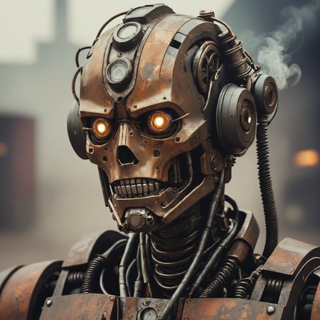digital portrait of humanoid robot. smoke in mouth, rusting iron body, steampunk, concept art, transformer, truck face