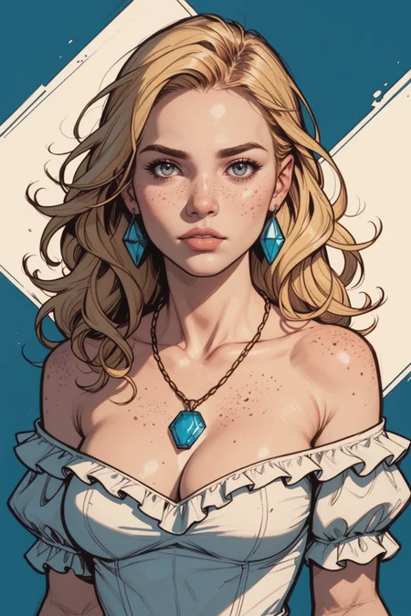 1girl, jewelry, realistic, solo, earrings, necklace, blonde hair, looking at viewer, breasts, upper body, dress, parted lips, bare shoulders, photorealistic, frills, lips, freckles, white dress, off shoulder, nose, grey eyes, blurry, medium breasts, collarbone, blurry background, cleavage, puffy sleeves, gem, pendant, <lora:Expressive_H:0.5>, score_9, score_8_up, score_8_up, a_Comic_Illustration, rough lines with ink, (drawn:1.1), (sketch:1.5), (crosshatching:1.25), (comic style:1.1), graphic novel style, sharp lines, hires, zstyle, (western comics \(style\):1.1), (hatching \(texture\):1.2), zPDXL, Mr_Monster_Possitive
