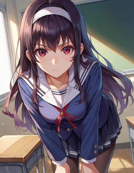 score_9, score_8_up, score_7_up, source_anime,
utahakasumigaoka, <lora:utaha-kasumigaoka-ponyxl-lora-nochekaiser:1>
utaha kasumigaoka, black hair, hairband, long hair, red eyes,
long sleeves, school uniform, skirt, pantyhose,
indoors, classroom, bent over,
looking at viewer, dutch angle, cowboy shot,