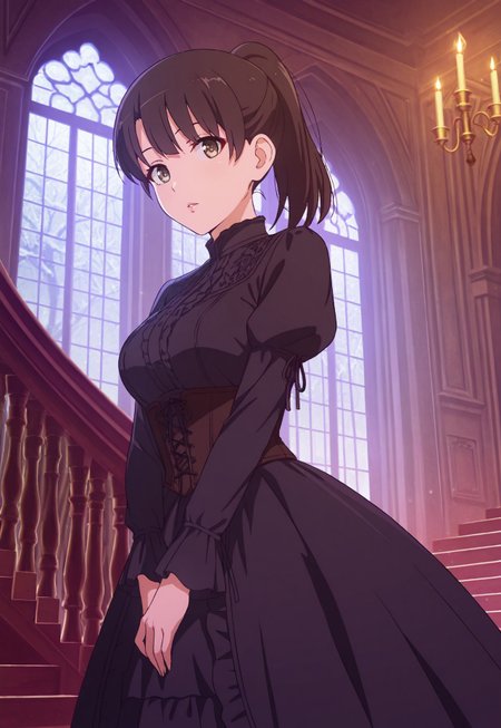 safe_pos, masterpiece, best quality, amazing quality, very aesthetic, high resolution, ultra-detailed, absurdres, newest, scenery, christmas, snowing, cinematic light, 1girl,Megumi <lora:IL-KatoMegumi:0.8>,brown hair,katou megumi,brown eyes,medium breasts, looking at viewer, ponytail , Victorian gothic dress, black lace details, high collar, corset design, haunted manor background, grand spiral staircase, antique mirrors, flickering candelabras, thunder outside windows, dramatic pose against balustrade, stained glass windows, dark wood paneling, cobwebs in corners, gothic architecture, dramatic lightning flash, moody atmosphere, low angle composition, BREAK, extremely detailed clothes, eyes, hands, fingers, lips, detailed eyes, shiny skin, detailed skin, detailed hair, masterpiece, best quality, amazing quality, very aesthetic, high resolution, ultra-detailed, absurdres, newest, scenery, volumetric lighting,((eye fix))