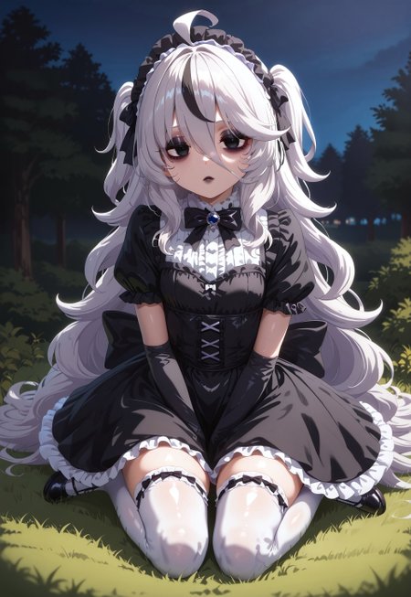 score_9, score_8_up, score_7_up, score_6_up, score_5_up, score_4_up , 1girl, Shadwo, black eyes, white hair, grey hair, very long hair, messy hair, hair between eyes, ahoge, small breasts, bags under eyes, gothic hair, two side up, hair bows, multiple hair bows, gradient hair, multicolored hair, black streaked hair, masterpiece, best quality, absurdres, 
(gothic theme, lolitafashion:1.2), gothic lolitafashion, gothiclolita, gothic lolitadress, victorian dress, gothic, dark, moody, puffy dress, petticoat, puffy sleeves, dark colors, frilled skirt, gothic thighhighs, striped thighhighs, gothic dress, elbow gloves, gothic headdress, many bows, multiple bows, frills, frilled fabric, center frills, gothic lolitashoes,
black lipstick, black lips, long eyelashes, eyeshadow, eyeliner, mascara, gothic makeup,  
outdoors, nature, park, night, dark environment, 
solo, sitting, kneeling, on grass, full body, dynamic pose, dutch angle, looking at viewer, v arms, hands on lap, half-closed eyes, closed mouth, expressionless,
intricate, highly detailed, majestic, shallow depth of field, movie still, circular polarizer