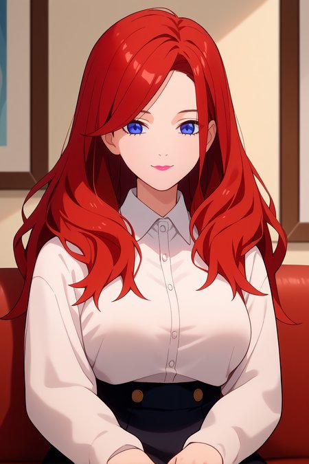 score_9, score_8_up, score_7_up, score_6_up, source_anime, 1girl, solo  <lora:renanakano-pdxl-nvwls-v1-000004:1> 5hrn, red hair, long hair, blue eyes, white shirt, collared shirt, long sleeves, black skirt, large breasts, upper body, living room, sitting, couch, portrait, looking at you, light smile, pink lipstick