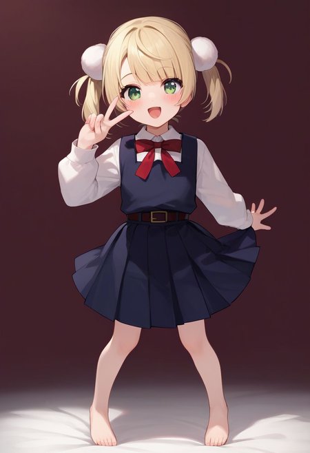 score_9, score_8_up, score_7_up, score_6_up, score_5_up, score_4_up, source_anime, masterpiece, 
fair skin, cute, young, petite, thin waist, beautiful legs, barefoot, blushing,
look at viewer, from front, straight-on, full body view, 
shigureui-requiem,shigure ui \(vtuber\),green eyes, blonde hair,short hair,twintails,pom pom hair ornament,pinafore dress,
kneeling, spread legs, standing, double piece, peace fingers,