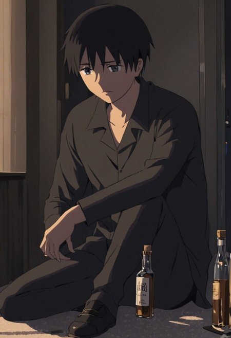 Highres, Masterpiece, High Quality, 4K, 8K, solo, 1Boy, Takaki Toono, adult, black hair, short hair, Sad, share, deep talk, hotel room, dim weather, sitting, weak, facing viewer, complicated, anxious, empty alcohol bottle, self torture, alone, lost, hopeless, hearthless, helpless, easynegative, detailed_eye_model