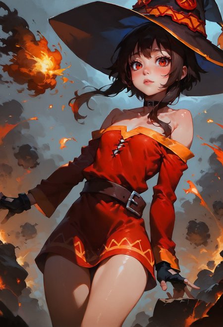 score_9, score_8_up, score_7_up,   Slim girl, tiny breasts, narrow waist, wide hips, skinny, tiny, miniscule, petite, small arms, small legs, small body,  megumin, bare shoulders, black gloves, black hair, blush, choker, collarbone, dress, fingerless gloves, gloves, hair between eyes, hat, long sleeves, medium hair, off-shoulder dress, off shoulder, red dress, red eyes, sidelocks, witch hat, in chernobyl, nuke, explosion, 1girl, delicate and smooth skin, blush, perfect body, thighs, highly detailed, glossy lips,   <lora:Concept Art DarkSide Style LoRA_Pony XL v6:0.8> concept art,     <lora:GwentStyle_v2:0.6> gwentstyle   <lora:Expressive_H-000001:0.8> expressiveh