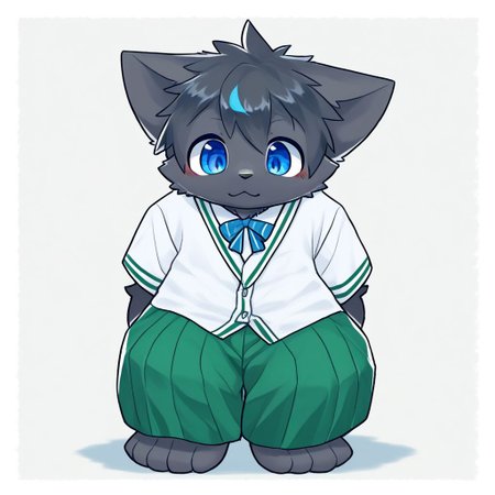 score_9, score_8_up, male focus, solo, full body, digital art, highly detailed, cat, green trousers, white shirt, school uniform, male school uniform, high school uniform, blue eyes, black fur, black body, furry, kemono, cute, anthro, zPDXL2