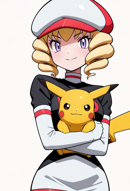 masterpiece, best quality, 1girl, solo, looking at viewer, smile,   zzDomino, purple eyes, blonde hair, drill hair, short hair,  looking at viewer, smile, skirt, simple background, gloves, hat, white background, holding, closed mouth, elbow gloves, white gloves, eyelashes, pokemon (creature), twin drills, holding pokemon, team rocket uniform, pikachu,  <lora:DominoPokemon_IXL_v2:1.0>,