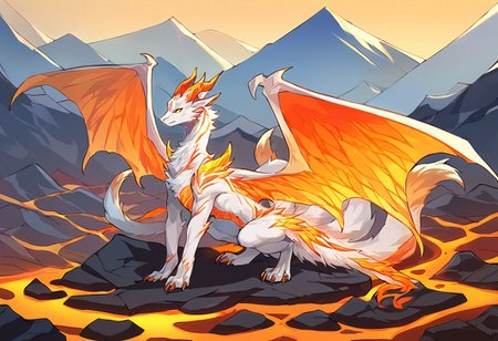 score_9, score_8_up, score_7_up, score_6_up, source_anime, 1boy, solo, dragon, fox, white fur, paws, orange markings, fiery bird wings, orange dragon horns, glowing yellow eyes, multiple tails, nine tails, mountains, lava, on all fours, regal, wings spread out,