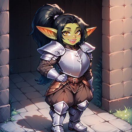 1girl, black hair, ponytail, sharp teeth, enormous lips, medieval armor, closeup, goblin woman, green skin, medieval clothes, large smile, boisterous smile, Expressiveh, yellow eyes, very muscular, pointed ears,  female goblin, Goblin, solo, long hair, gremlin energy, mischievous smile, very short woman, mega ponytail, fully clothed, short stature, shortstack, ((armored boots, boots, shoulder armor, armor, pants, greaves, gloves, long sleeves)), (broad shoulders, huge arms), muscle_bimbo