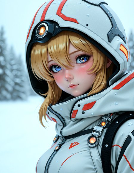 modernretroanime, 
 A hyperrealistic anime-style close-up shot of a young woman wearing a high-tech white exosuit. Her hood frames her face, and her blonde hair peeks out in loose strands. The exosuit is intricately designed with red markings and illuminated accents, with precise textures on metal and fabric. Her hands are not visible in this composition. The snowy background adds soft contrast, creating an atmospheric, otherworldly vibe. The art style focuses on ultra-detailed rendering with soft lighting gradients.
 <lora:FluxDFaeTasticDetails:0.3> <lora:Modern-Retro_Anime-FLUX:0.8> <lora:bustyFC-2.1:0.5>
