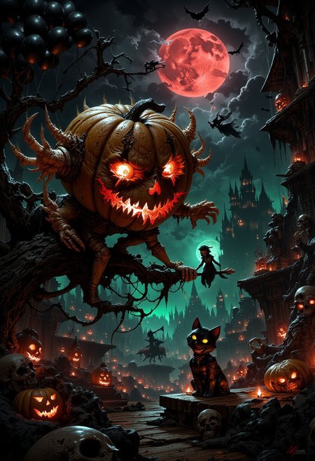 A sinister jack-o'-lantern with flames flickering from its eyes, with  a black cat at its feet.