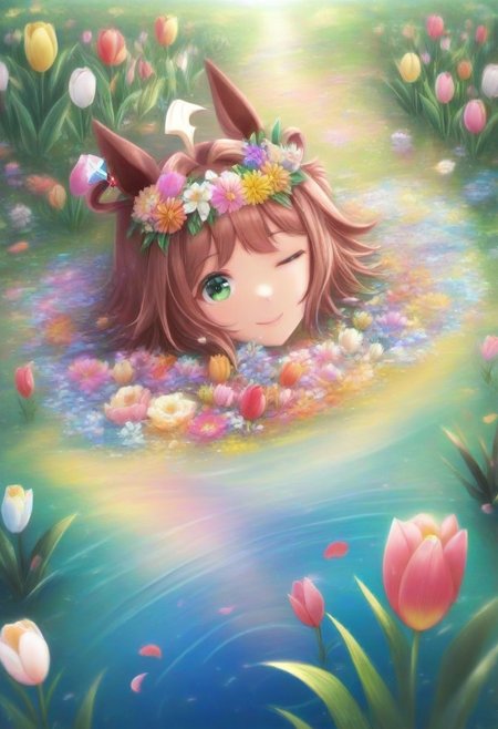 (umamusume, rhein_kraft_(umamusume), horse_ears, horse_girl, tail, 1girl, ahoge, animal_ears,)
casual, Tulip,Tulip flower, Tulip flower_field, 
head_wreath, looking_at_viewer,  solo, aesthetic, absurdres, symmetric , , g0ldsw0rthy,
(realistic, photo,  artistic, medium_hair, one_eye_closed, petals, relaxing, smile, spiralling vortex made of multicoloured tulips, lush foliage sunrise,  ripples, reflective, jaynl-tm, rainbow,green_eyes, hair_between_eyes, hair_ornament,  : 0.7)