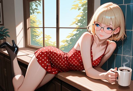 masterpiece, best quality, 32k, high resolution, absurdres, .saly, blonde, eyeglasses, slim, blue eyes, eyeglasses, short hair, blunt bangs, cute face, beautiful lips, small breasts, freckles, shy smile, leaning on high counter, hightop, (looking out the window), dappled sunlight, morning sun, drinking coffee, holding coffee mug, dress, kneehighs, polka dot, black heels, masterpiece, best quality, newest, absurdres, highres, very awa,