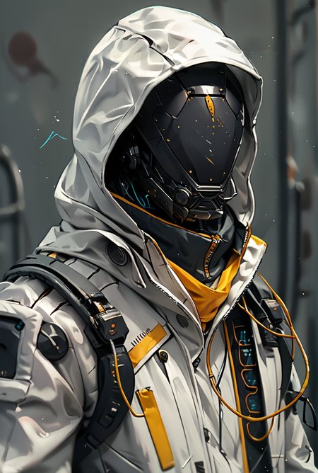 score_9, score_8_up, score_7_up,score_6_up, score_5_up, score_4_up,  BREAK
techwear,  <lora:TechWearPony:0.8>,
, hood, science fiction, solo, upper body, cable,white jacket,robot mask