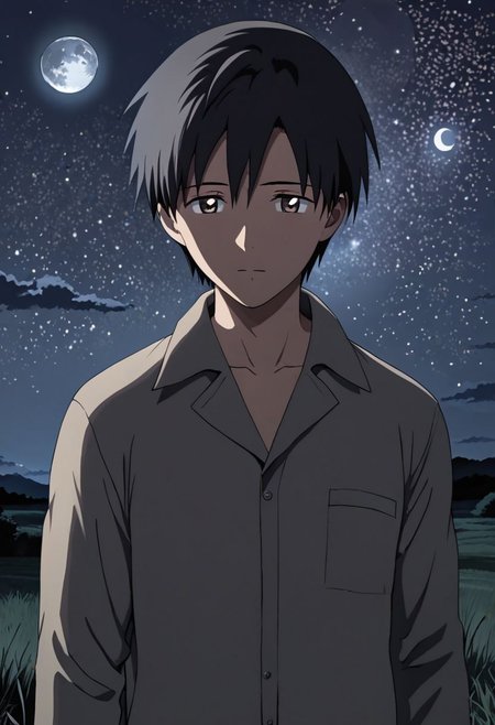 high resolution, solo, best quality, 1Boy, Takaki Toono, Brownish Hair, Brown Eyes, open space, night sky, moon, OverallDetail
