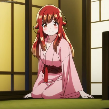 aoi yuzuki , pink kimono , full body , standing , leaning forward , cute face , smile
