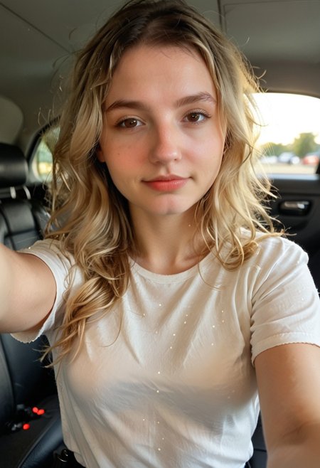 score_9, score_8_up, score_7_up, incredibly cute, MarissaMidwest, curvy, blonde hair, wavy hair, pale skin, brown eyes,  (shallow depth of field:1.4), Chiaroscuro Lighting Style, partially covered in shadow, shameless pose, (((cop car))), (((selfie))), dim light, (lens flare:.4), (cinematic bokeh:1.2), lifting shirt, (((police woman)))