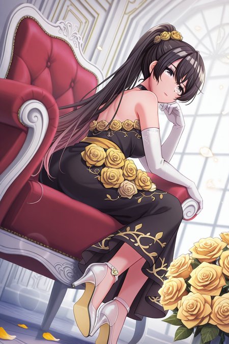 masterpiece, best quality, amazing quality,
 <lora:Shano_IL:1> shano, 1girl, dress, gloves, flower, elbow gloves, high heels, long hair, solo, sitting, white gloves, black hair, yellow flower, shoe soles, petals, yellow rose, high ponytail, rose, ponytail, bangs, indoors, lens flare, falling petals, looking at viewer, black dress, on chair
