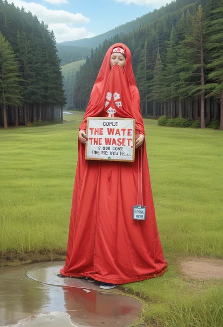 lake sign with the text" Croeso y llyn gellynoth. Oes yn y cont" billboard waste and  <lora:text:0.8>, picturesque lake surrounded by a forest but is in a polluted dystopian landscape, in the foreground there is , human fecal matter on the floor in small piles, puddle of human waste with text "wow" <lora:text:.8>, fecal waste written in it, <lora:falloutlandsdxl:0.8>,  mushroom cloud in background