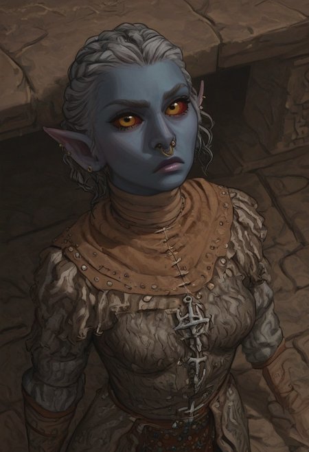 safe_pos, solo, short pointy ears, piercings, random elf face, aquiline features, female dark elf, brow rings, nose rings, beaded piercings, weathered skin, large nose, insect chitin armor, insect chitin helmet, insect chitin ornaments, stylized insect pattern, athletic build,  animated realism, zoomed out, Syrian features, torso, brass pipes and gears, intricate architecture, dwarven masonry, dwemer fixtures, white-green light, gloomy lighting, ancient ruins, interior, stone tiled floor, grey-blue skin, mahogany and ivory clothes, medium armor, bone plate armor, ivory straps and fittings, alien bone ornaments, grey wood neckguard, red sclera, black pupils, blue-green light, neon, highly detailed, defined features, looking at viewer, three quarters view, from above, dynamic lighting, 19 years old, light and shadows, patterned cloth, annoyed expression, expressive eyes, detailed medieval clothes, medium_breasts, short hair, wavy hair, thick hair, beaded hair, braided hair, under cut hair, semirealistic, alien elf, spanish features, jewish features, white grey hair, dark red hair, umber skin, sharp features, pastel green inuit print cloak, nighttime, high detail, absurdres, pretty eyes, detailed eyes, yellow eyes,
