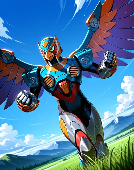<lora:Storm_Eagle_(Mega_Man_X)_(Illustrious)_(AD):1> Storm Eagle, reploid, MMX, 
((
exterior, blue sky with clouds, mountain valley, grassy valley, 
dutch angle, dynamic action, cowboy shot, perfect depth of field shot, 
):1.5), 
male focus, intense shadows, dynamic shadows, intricate details, attention to details, gradient coloring, robot, beak, bright vivid colors, deep metallic colors, glossy metal body, wings, fighting stance, smug, smile, 
BREAK very awa, masterpiece, best quality, amazing quality, very aesthetic, highres, absurdres, photographic realism, 8K CGI render, 
EZRealPONYXL, zPDXL, Smooth Quality, lazynsfw,