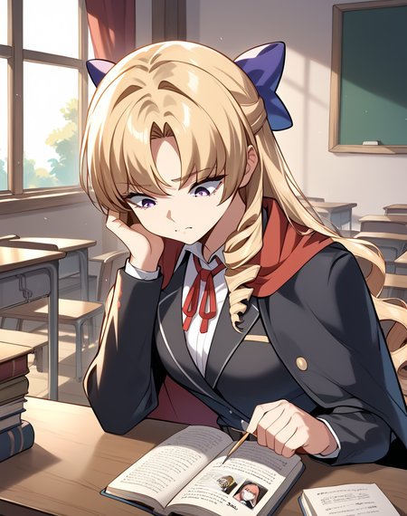 tanya_rothstaylor, long hair, blonde hair, purple eyes, 1girl, blue head bow, drill sidelocks, drill hair, academy school uniform, black jacket, white shirt, collared shirt, red neck ribbon, red capelet, black skirt, pleated skirt, belt, BREAK indoors, medieval, classroom BREAK side view, looking down, stress, headache, clutching their own head, writing, open book,
BREAK, solo, score_9, score_8_up, score_7_up, source_anime ,zPDXL, <lora:Tanya_Rothstaylor-000016_Pony:0.8>
