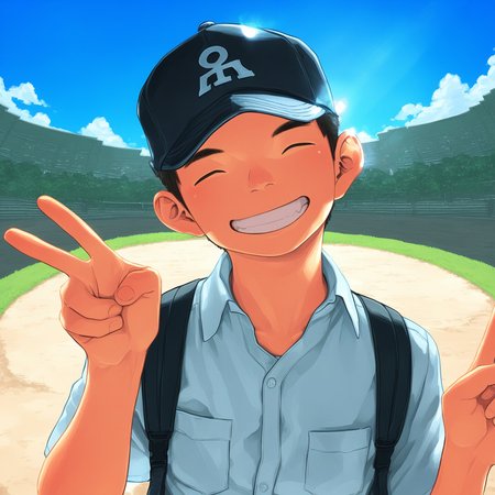 masterpiece, best quality, shounenzoom-style, 2015s, outdoors, sunlight, fisheye, upper body, 1boy, solo, closed eyes, smile, baseball cap, white shirt, backpack, head tilt, peace sign <lora:shounen_zoom-naixl_vpred-v7Nd-ShoAI:1>