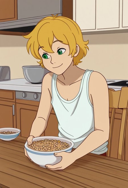 1n0s3n,
1boy, femboy, blonde hair, short hair, green eyes, flat chest, loose white tanktop, seated, wood chair, wood table, kitchen, indoors, bowl, cereal, smile