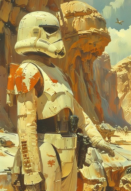 in the style of Ralph McQuarrie, 8k high quality digital painting, masterpiece, very detailed, ultra realistic, (best quality) very detailed epic masterpiece, detailed face, fantasy, princess Leia wearing a white robe,riding a dinosaur, on the Star Wars franchise planet of Tatooine  colourful scene, full body, realistic, realism, JuggernautNegative, great lighting, NEG-fixl-2